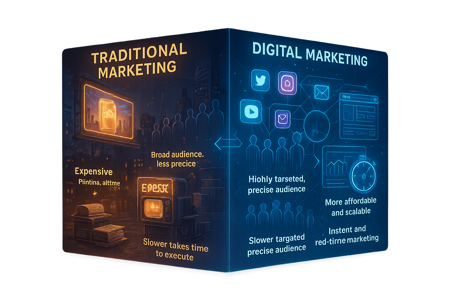 Traditional Marketing vs Digital Marketing shown with offline and online ad methods