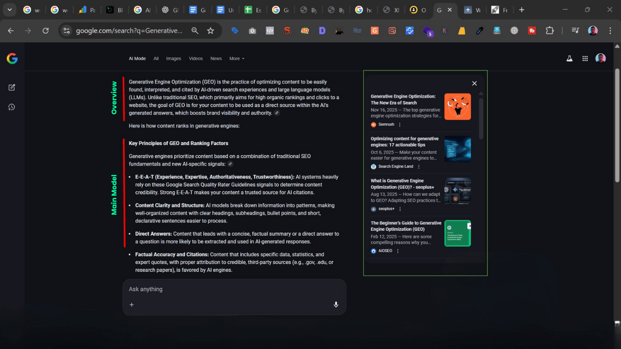 Generative Engine Optimization (GEO) concept illustration showing AI, search engines, and content automation