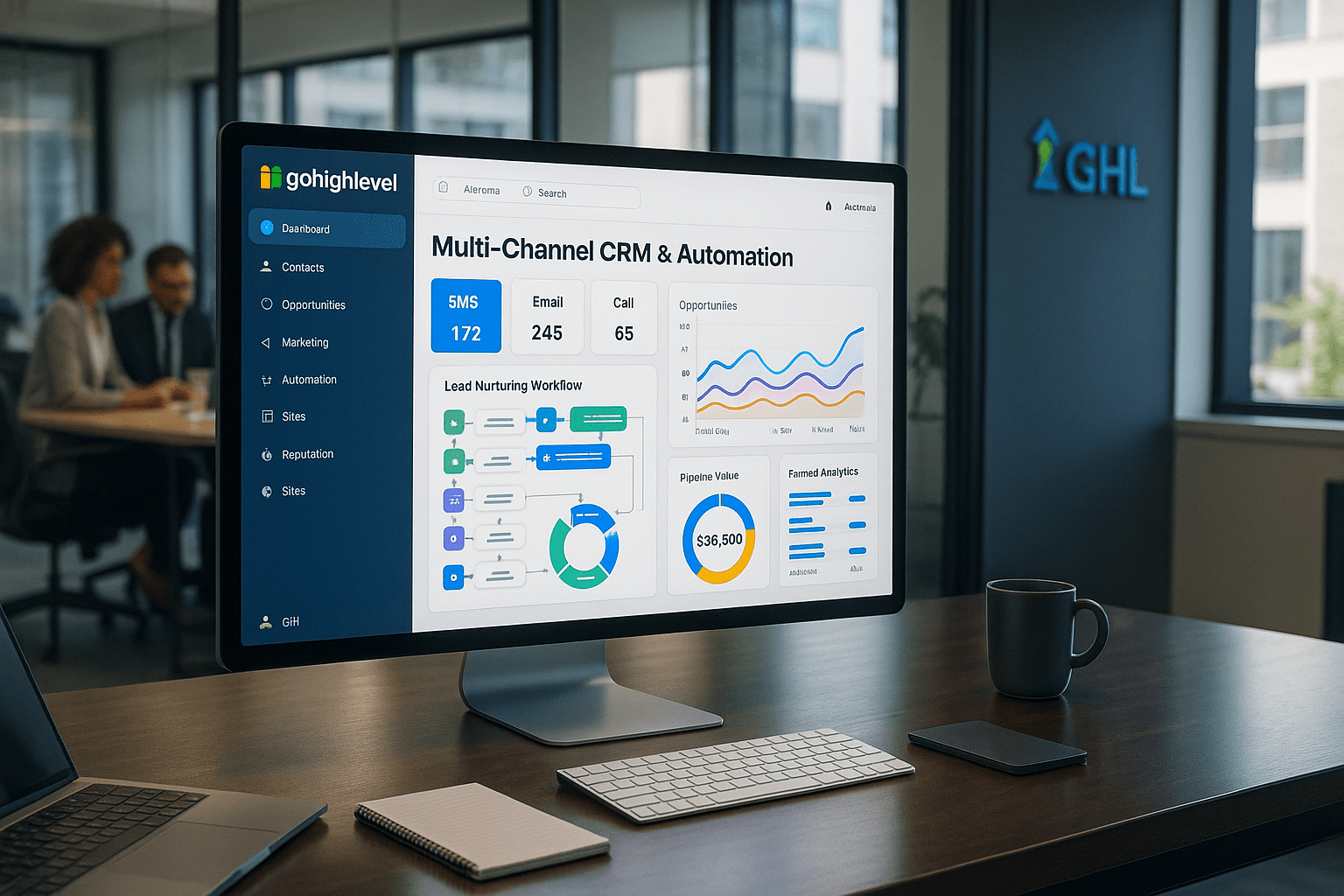 GoHighLevel dashboard showcasing multi-channel CRM and automation tools for lead nurturing.