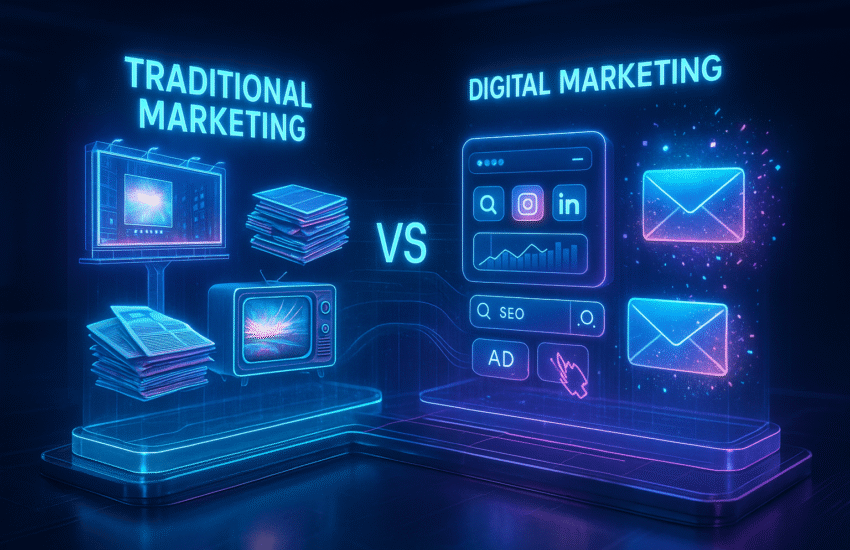 Traditional Marketing vs Digital Marketing shown with offline and online ad methods