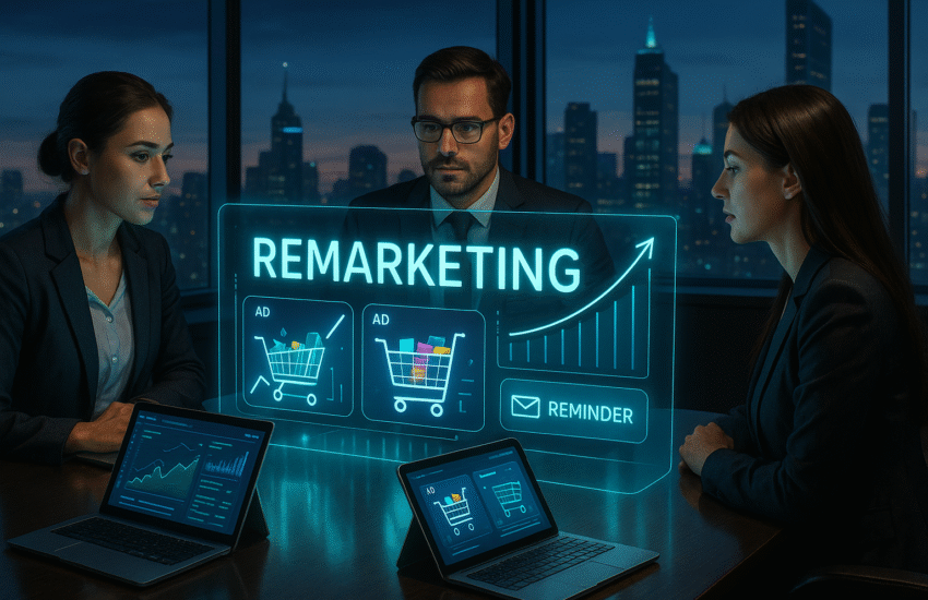 Remarketing dashboard displaying personalized ads targeting warm leads on Google Ads and social media platforms in a high-tech office setting.