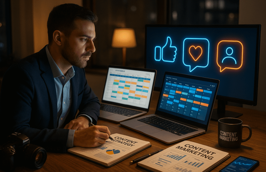 Content Strategy vs Marketing illustrated with a comparison chart showing differences in planning, execution, goals, and engagement within digital marketing.