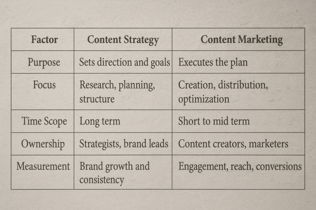 Content Strategy vs Content Marketing illustrated with a comparison chart showing differences in planning, execution, goals, and engagement within digital marketing.